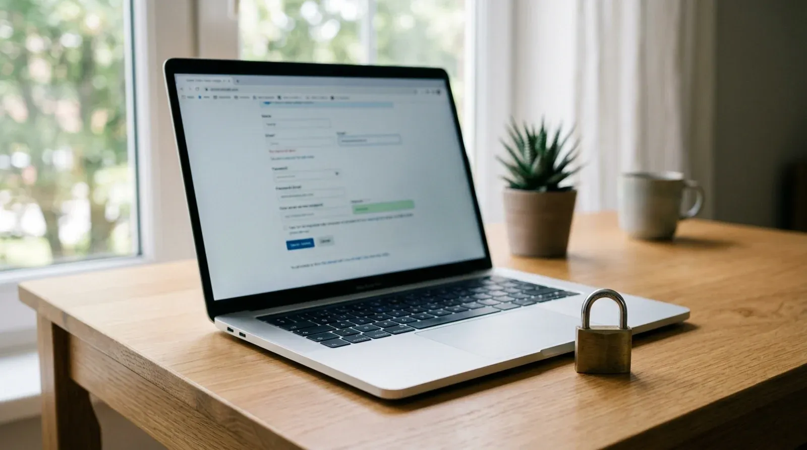 Laptop showing a web form with a small padlock lying next to the trackpad
