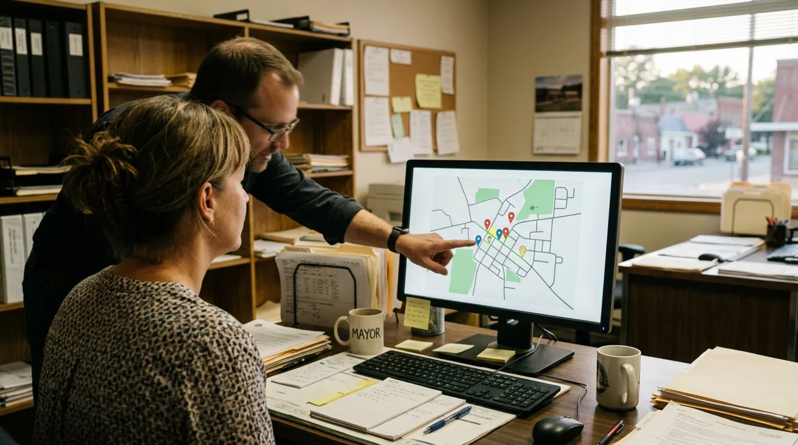 Two municipal employees reviewing a map dashboard with sensor locations in a small-town office
