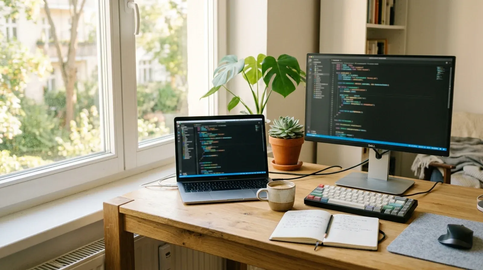 Bright developer desk near a window with two screens showing colorful code