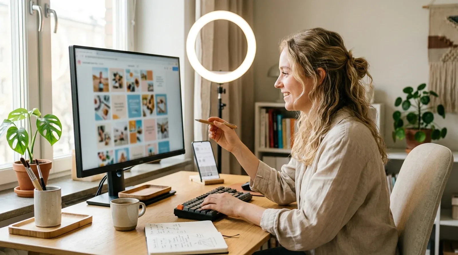 Creative workspace with a monitor showing a social media feed grid and a smartphone