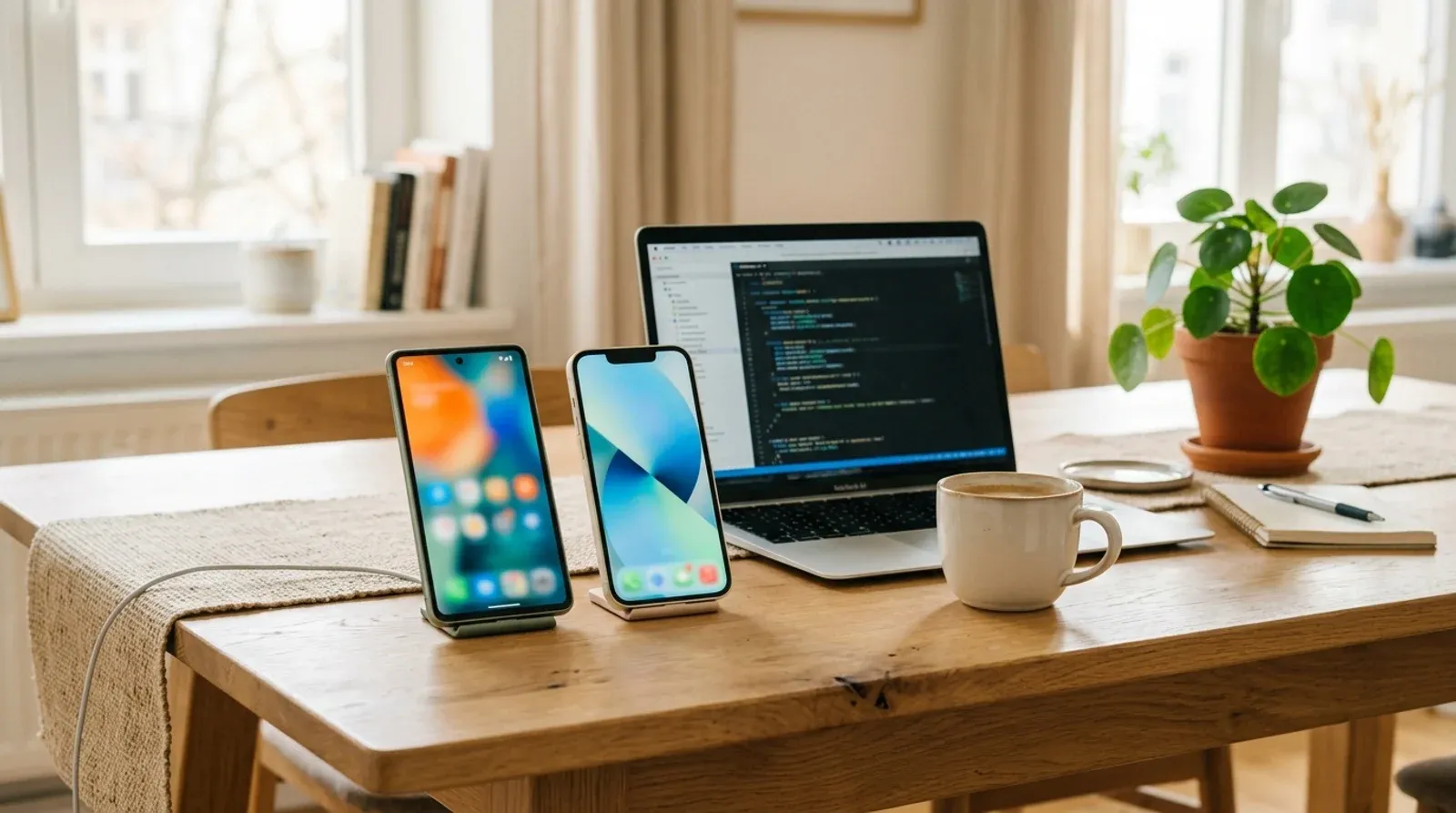 Two smartphones side by side showing the same mobile app next to a laptop with code